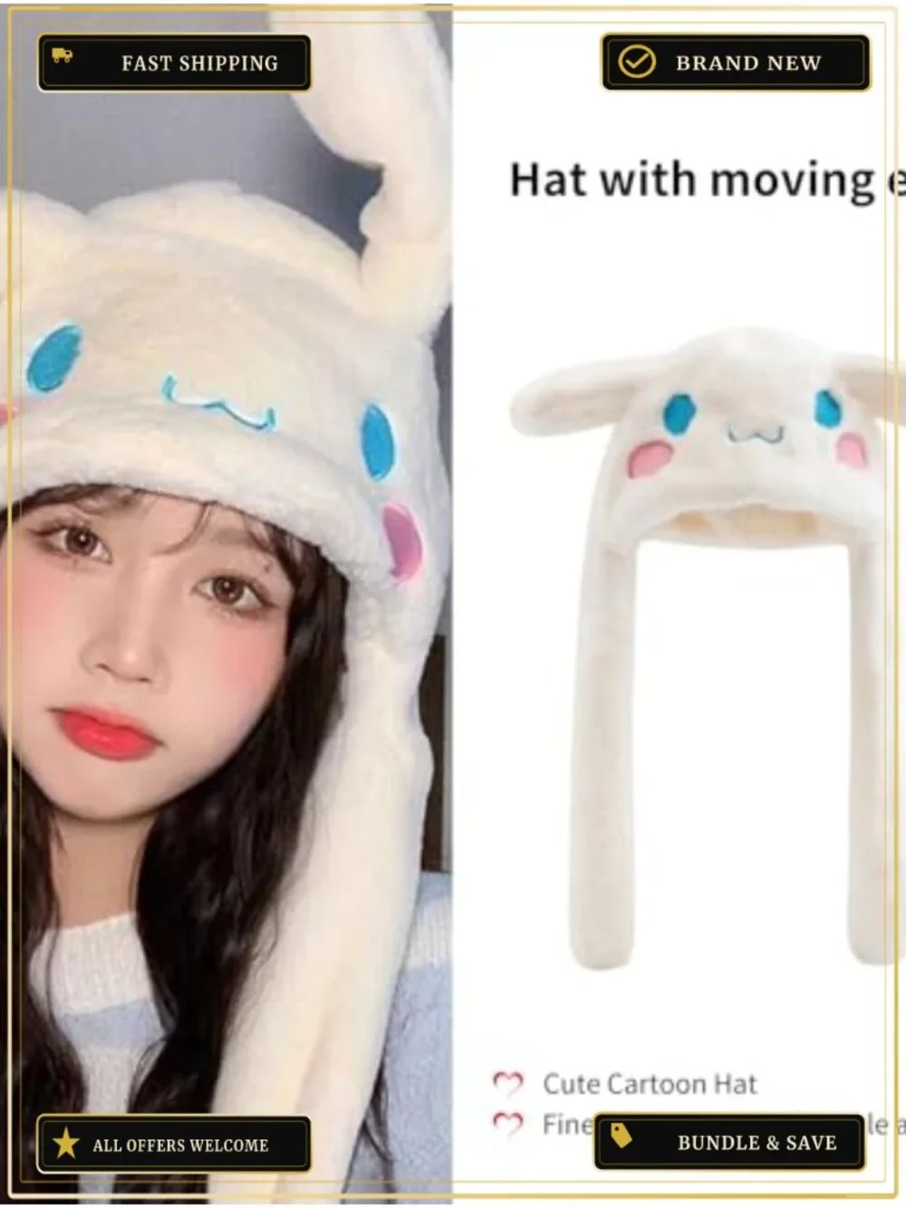 Cute Plush Ear Moving Winter Hat Funny Cartoon Animal Warm Cap One Size